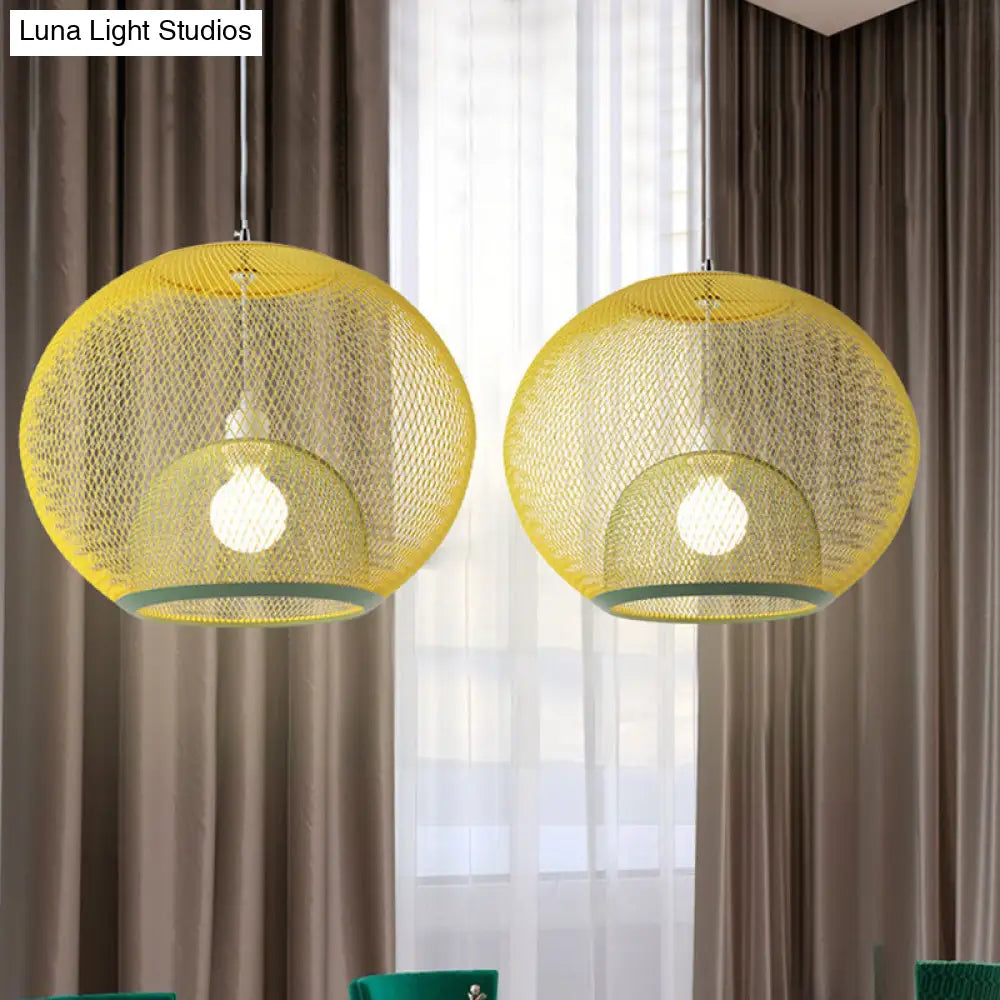 Global Mesh Restaurant Pendant Light - Metallic Single-Bulb Macaron Ceiling Fixture In Pink Yellow