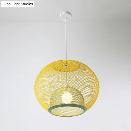 Global Mesh Restaurant Pendant Light - Metallic Single-Bulb Macaron Ceiling Fixture In Pink Yellow