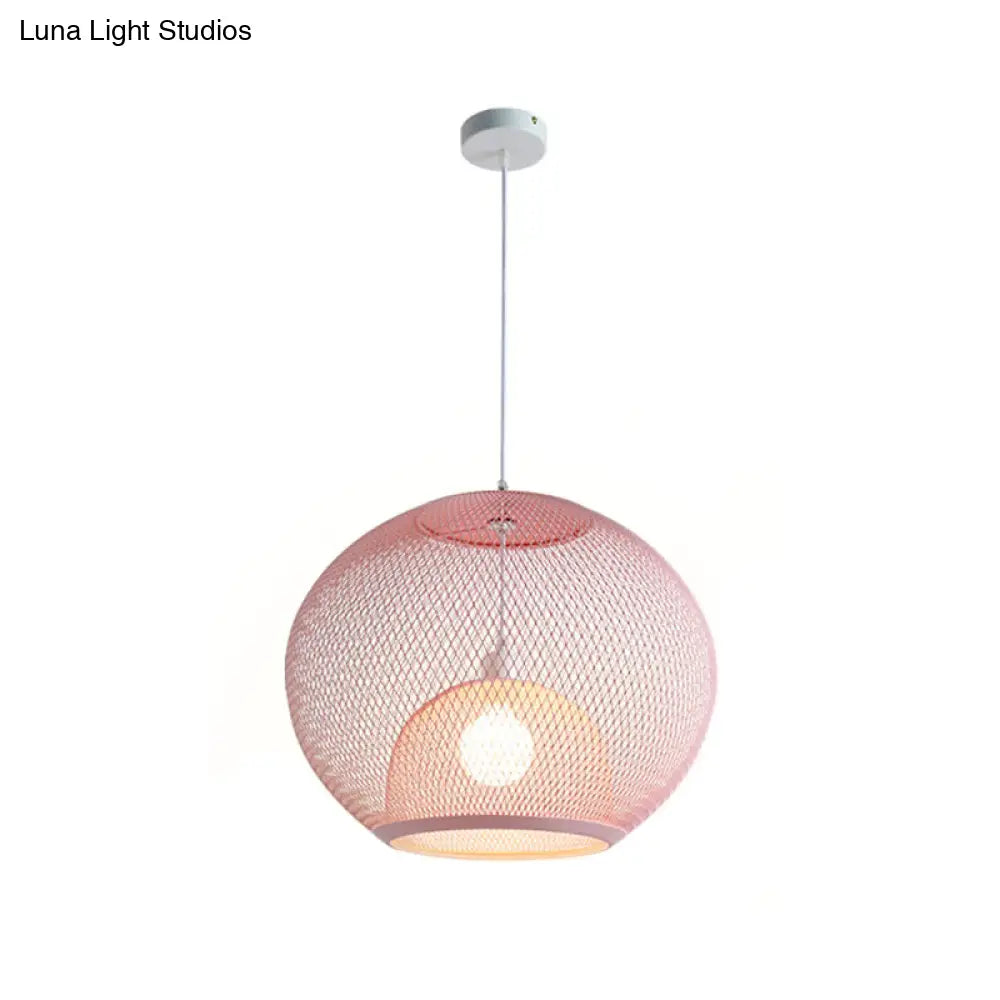 Global Mesh Restaurant Pendant Light - Metallic Single-Bulb Macaron Ceiling Fixture In Pink Yellow