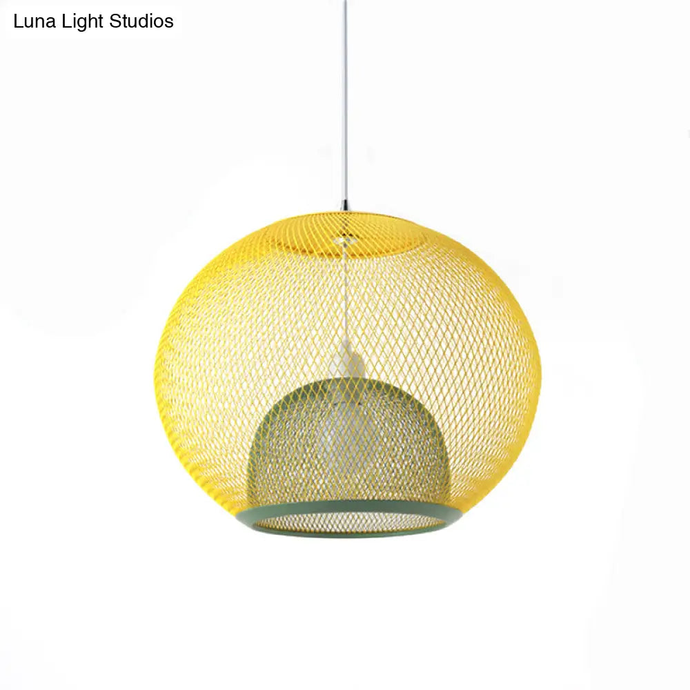 Global Mesh Restaurant Pendant Light - Metallic Single-Bulb Macaron Ceiling Fixture In Pink Yellow