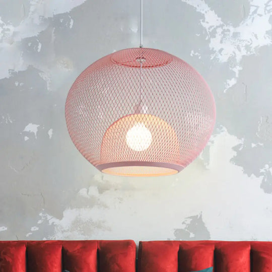 Global Mesh Restaurant Pendant Light - Metallic Single-Bulb Macaron Ceiling Fixture In Pink Yellow