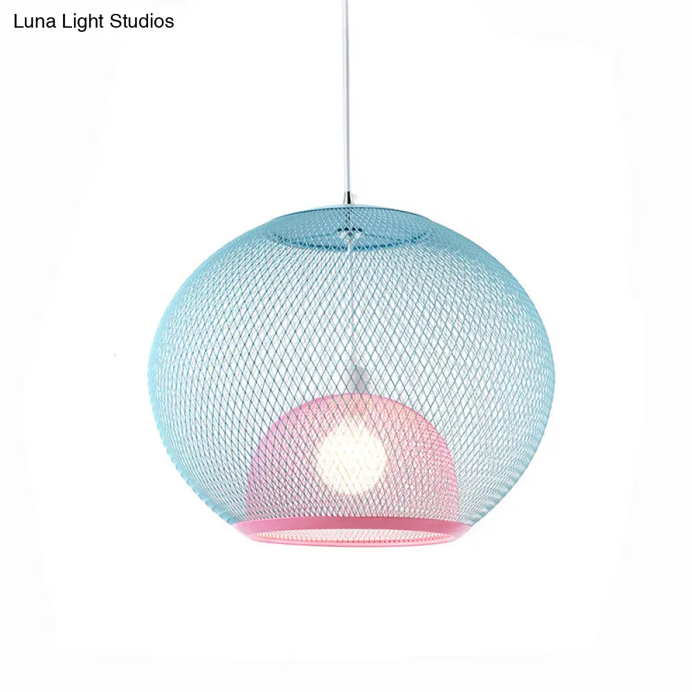 Global Mesh Restaurant Pendant Light - Metallic Single-Bulb Macaron Ceiling Fixture In Pink Yellow