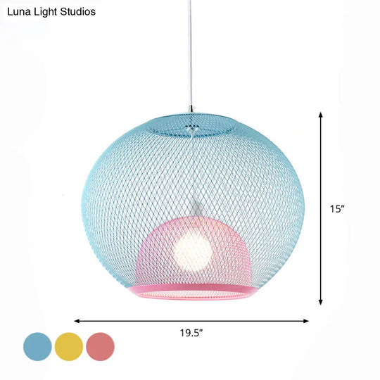 Global Mesh Restaurant Pendant Light - Metallic Single-Bulb Macaron Ceiling Fixture In Pink Yellow