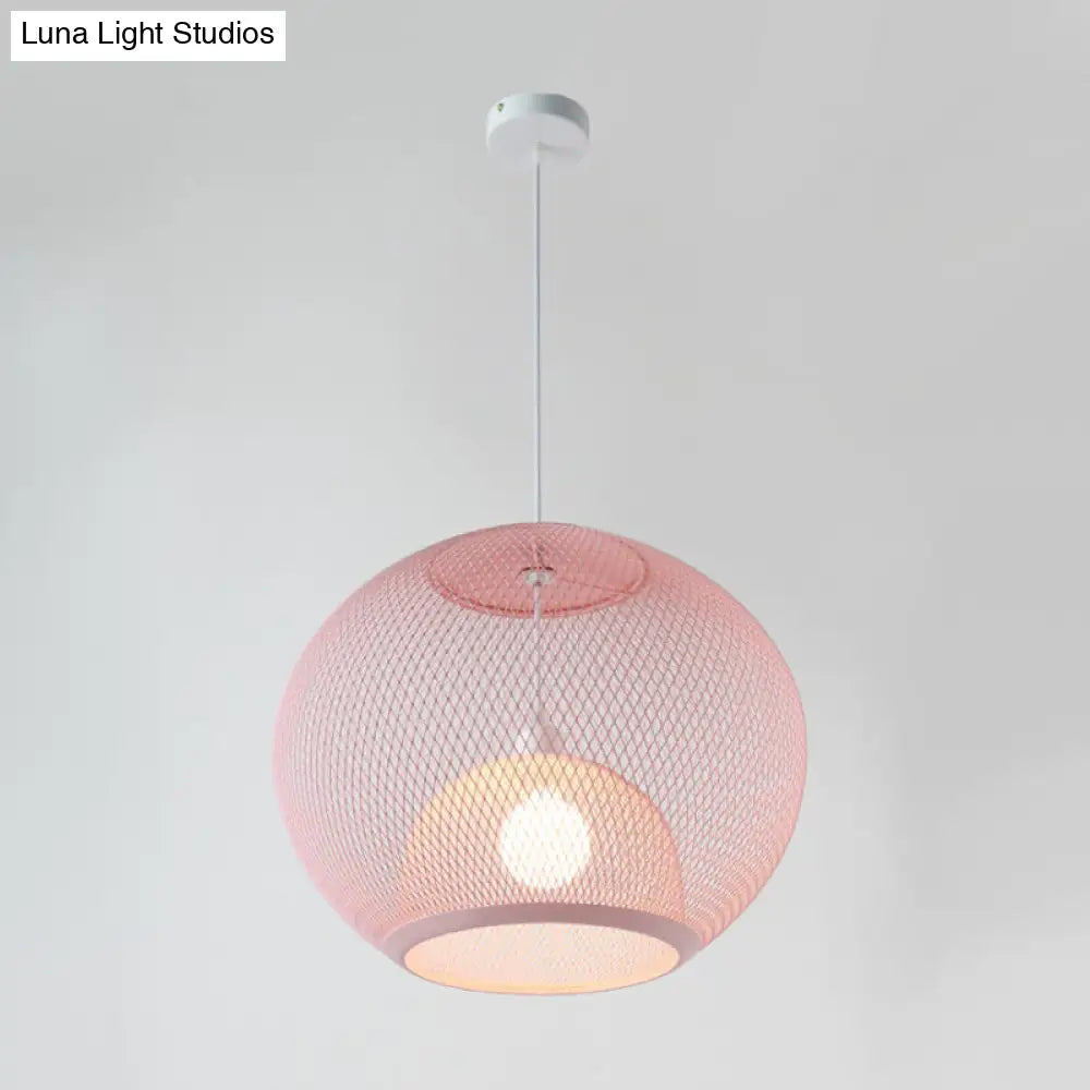 Global Mesh Restaurant Pendant Light - Metallic Single-Bulb Macaron Ceiling Fixture In Pink Yellow