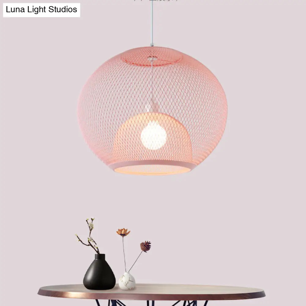 Global Mesh Restaurant Pendant Light - Metallic Single-Bulb Macaron Ceiling Fixture In Pink Yellow