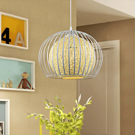 Globe Beige Cotton Shade Pendant Light Kit With Wire Cage - Modern Suspension For Dining Room 1