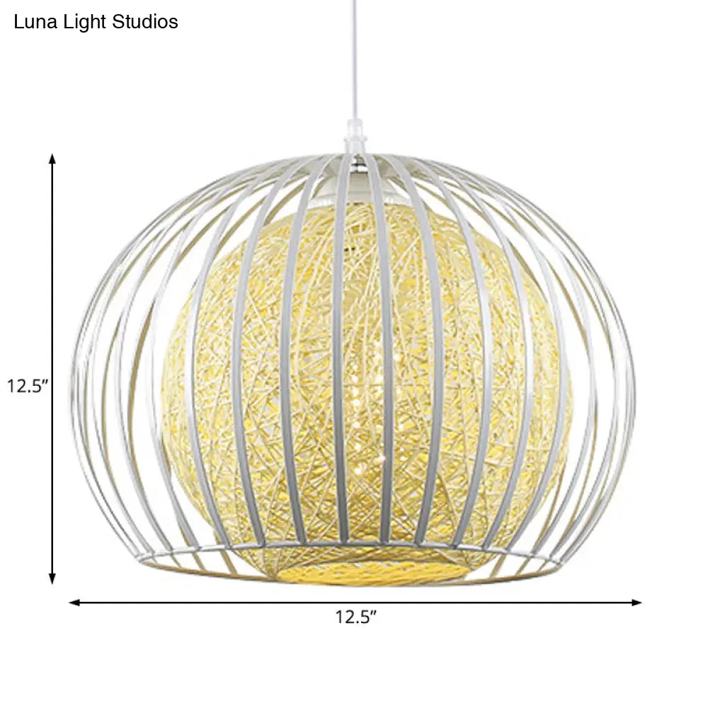 Globe Pendant Dining Room Light With Modern Wire Cage And Beige Cotton Shade