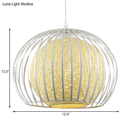 Globe Pendant Dining Room Light With Modern Wire Cage And Beige Cotton Shade