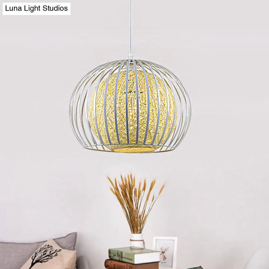 Globe Beige Cotton Shade Pendant Light Kit With Wire Cage - Modern Suspension For Dining Room 1