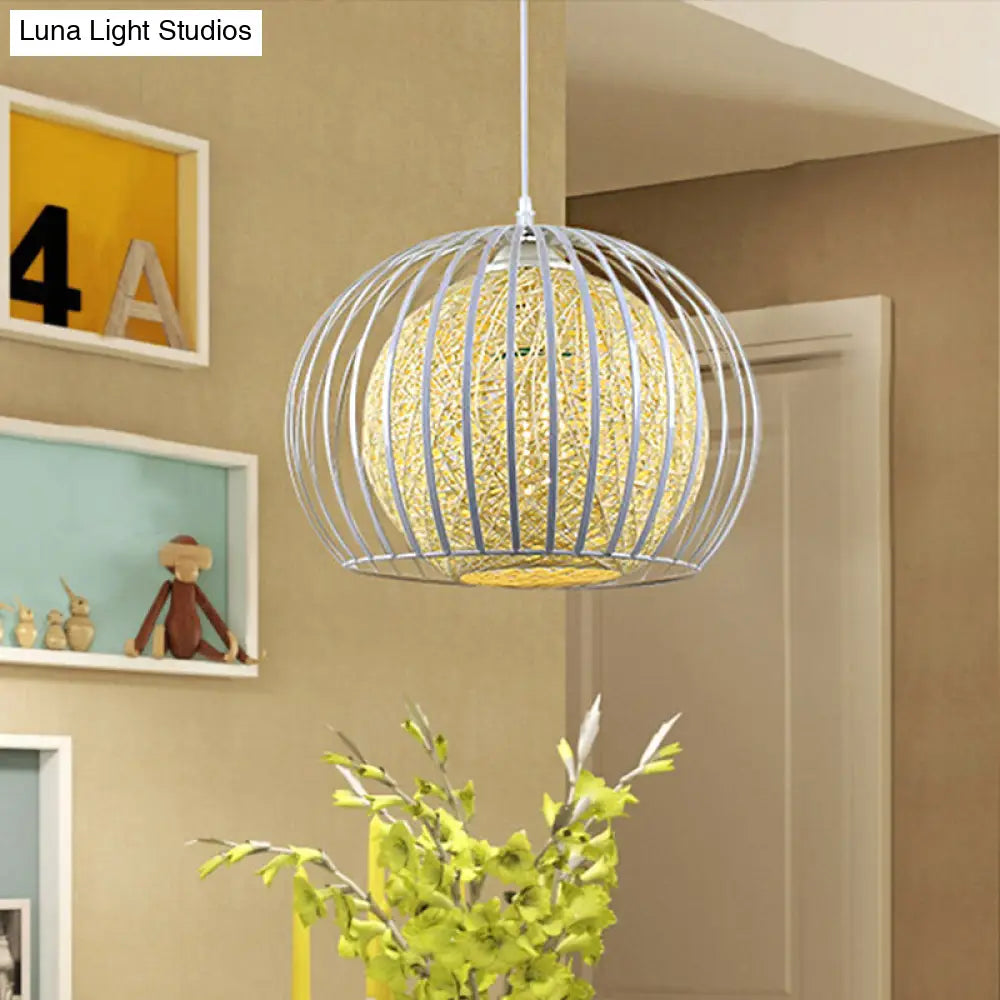 Globe Pendant Dining Room Light With Modern Wire Cage And Beige Cotton Shade