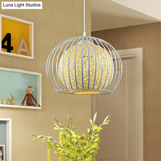 Globe Pendant Dining Room Light With Modern Wire Cage And Beige Cotton Shade