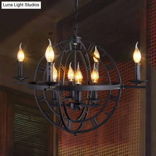 Globe Cage Chandelier - 6-Bulb Iron Ceiling Light In Bronze/Black With Candle Design For Industrial