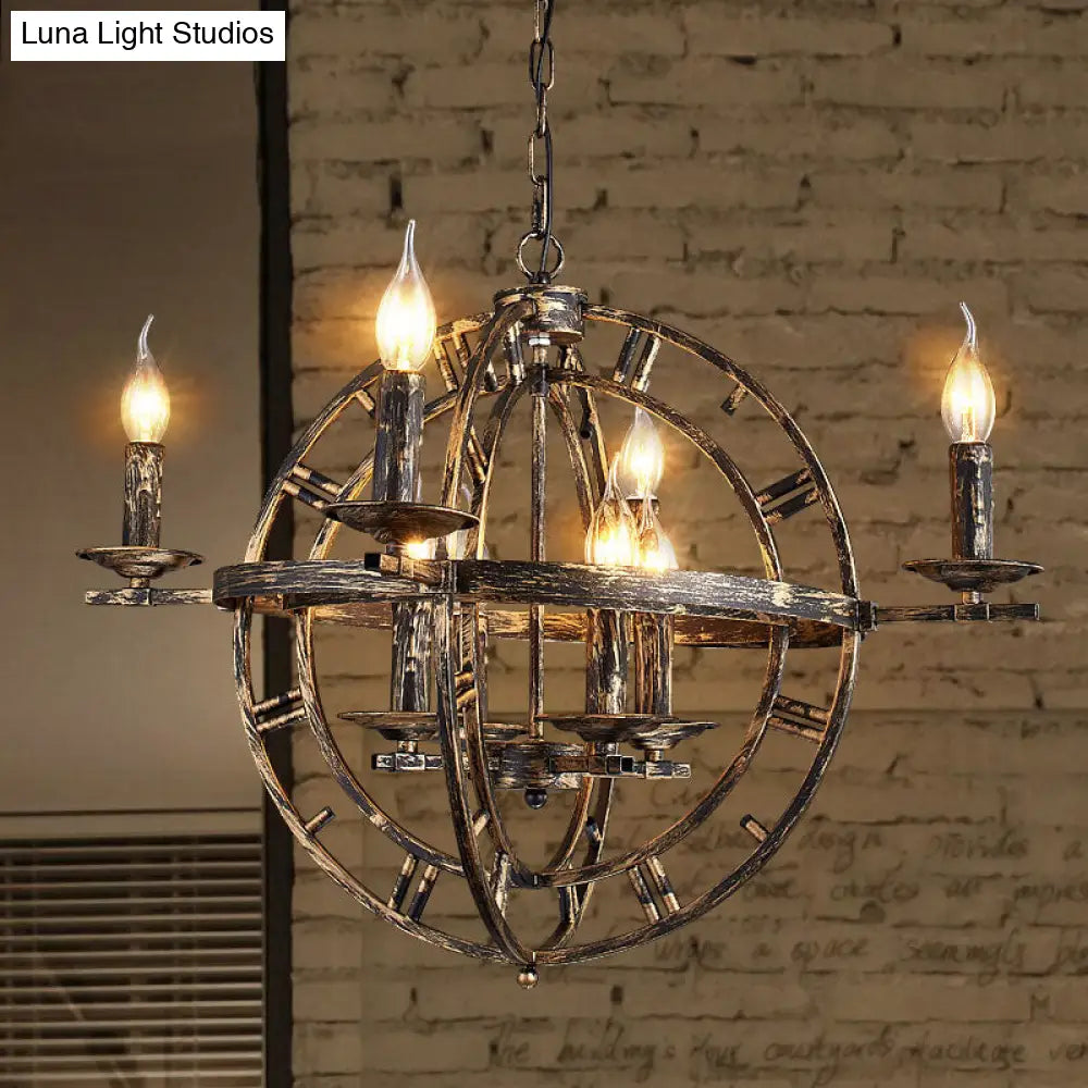 Globe Cage Chandelier - 6-Bulb Iron Ceiling Light In Bronze/Black With Candle Design For Industrial