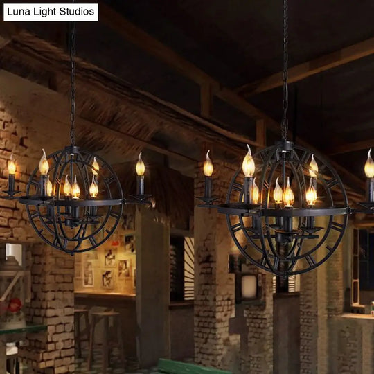 Globe Cage Chandelier - Industrial 6-Bulb Ceiling Light In Bronze/Black With Candle Design