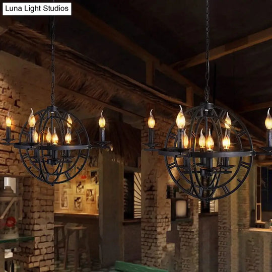 Globe Cage Chandelier - 6-Bulb Iron Ceiling Light In Bronze/Black With Candle Design For Industrial