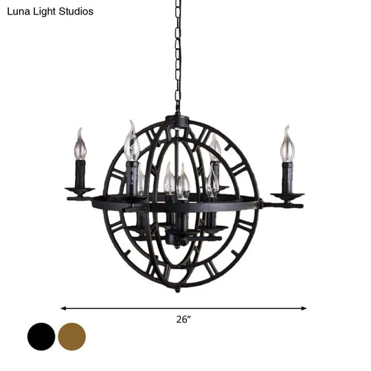 Globe Cage Chandelier - 6-Bulb Iron Ceiling Light In Bronze/Black With Candle Design For Industrial