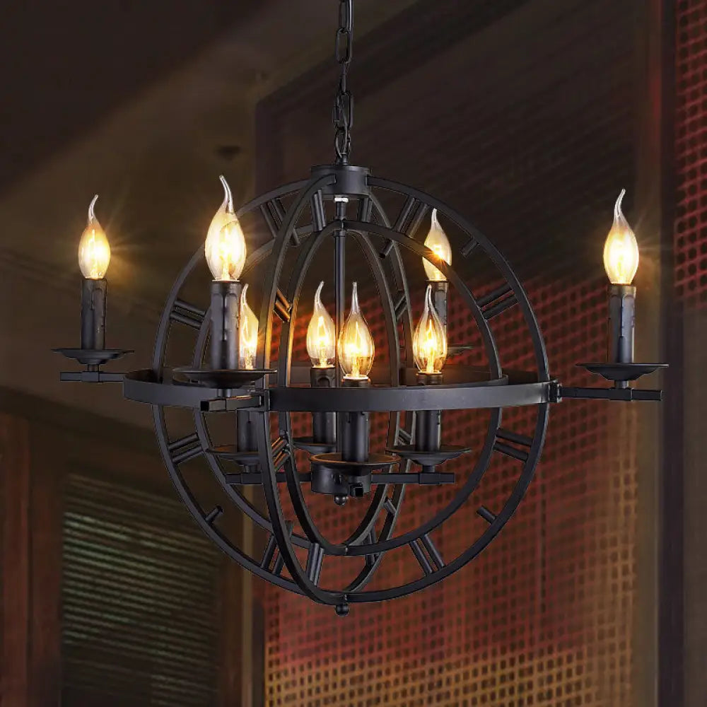 Globe Cage Chandelier - Industrial 6-Bulb Ceiling Light In Bronze/Black With Candle Design Black