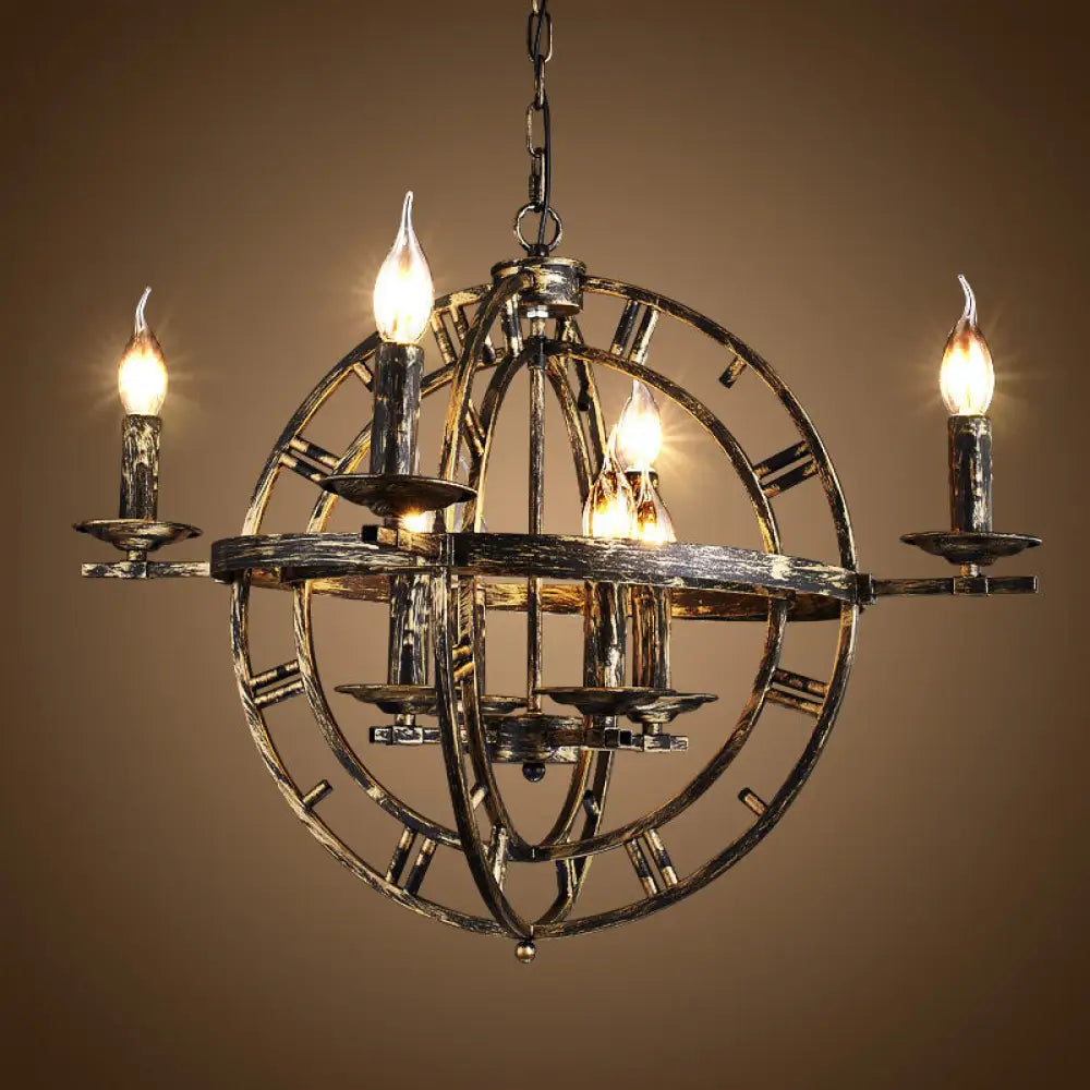 Globe Cage Chandelier - Industrial 6-Bulb Ceiling Light In Bronze/Black With Candle Design Bronze
