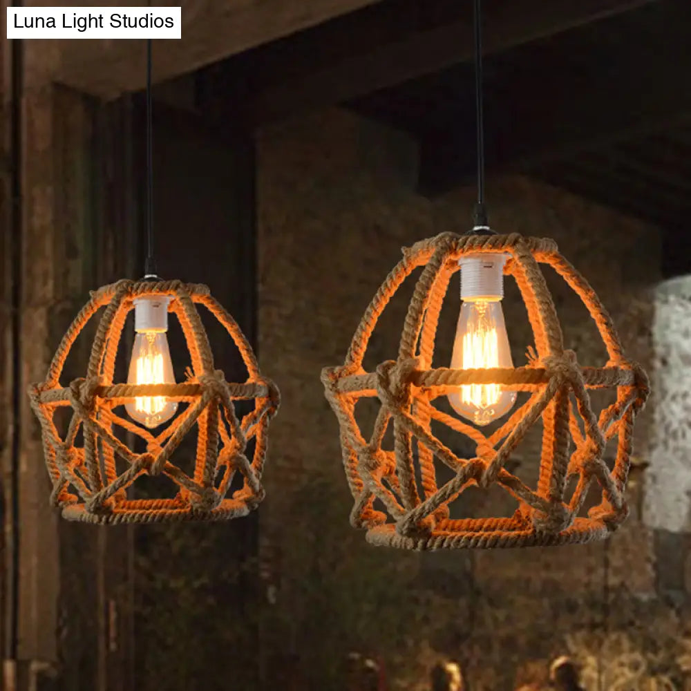 Globe Cage Hemp Rope Pendant Light - Antique Brown Finish 1-Light Fixture For Restaurants