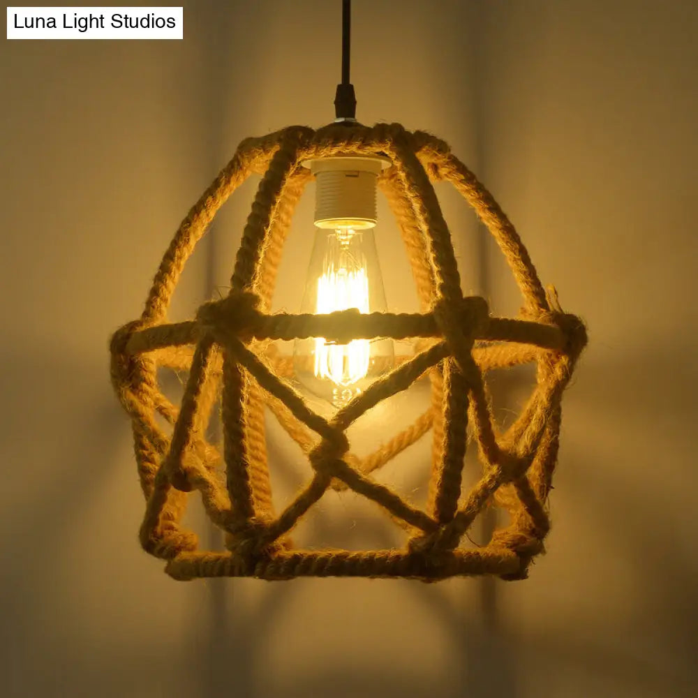 Globe Cage Pendant Light With Hemp Rope Detail - Antique Brown Restaurant Hanging Fixture