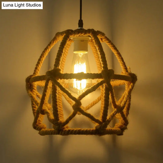 Globe Cage Pendant Light With Hemp Rope Detail - Antique Brown Restaurant Hanging Fixture