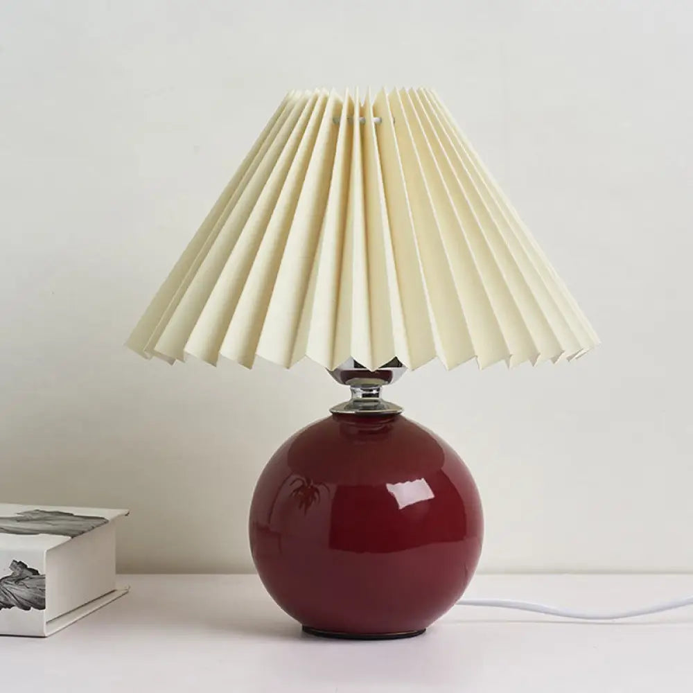 Globe Ceramic Bedside Table Lamp - Modern Nightstand Lighting With Pleated Shade Burgundy / A