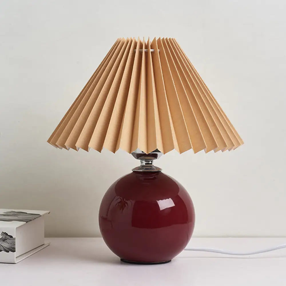 Globe Ceramic Bedside Table Lamp - Modern Nightstand Lighting With Pleated Shade Burgundy / C