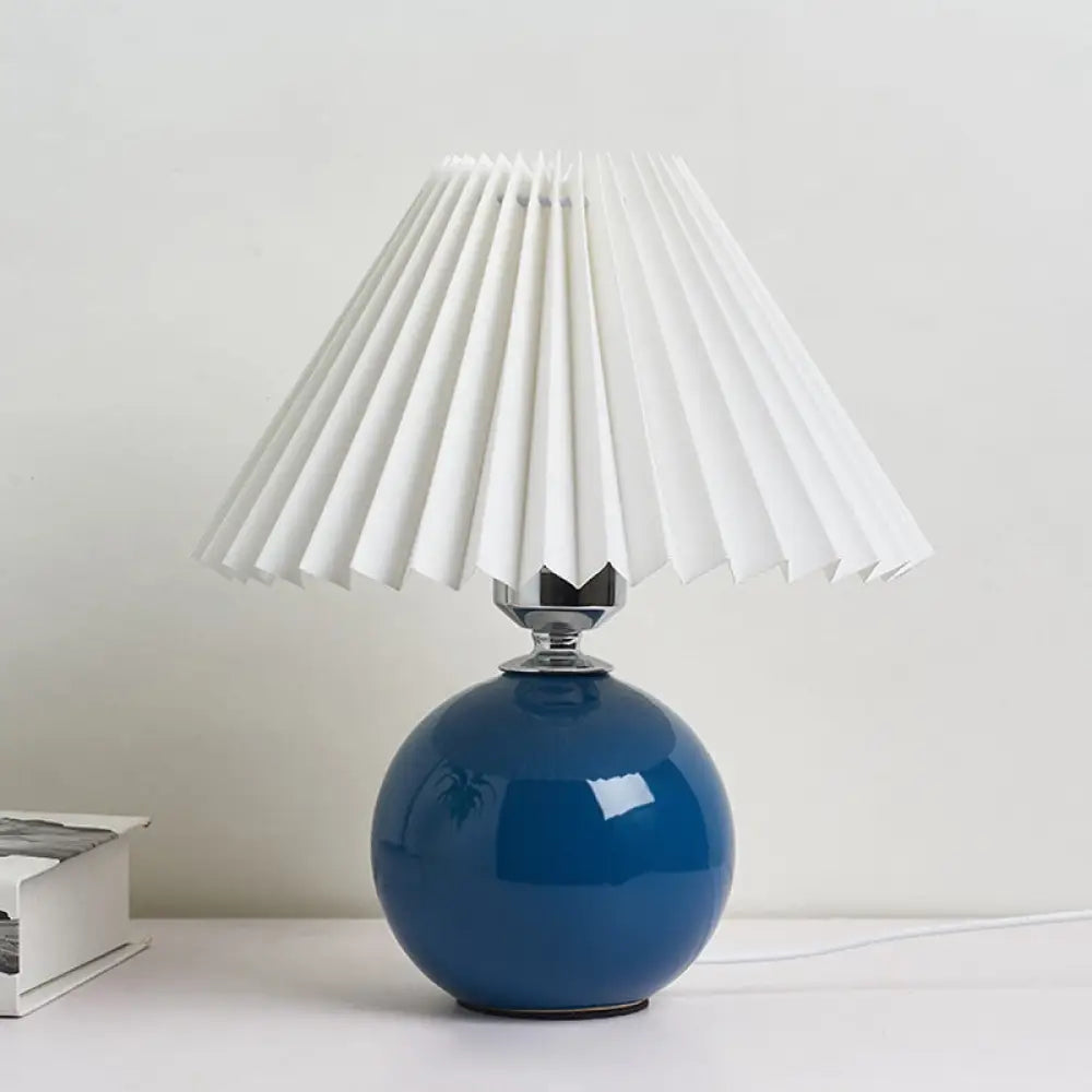 Globe Ceramic Bedside Table Lamp - Modern Nightstand Lighting With Pleated Shade Royal Blue / B