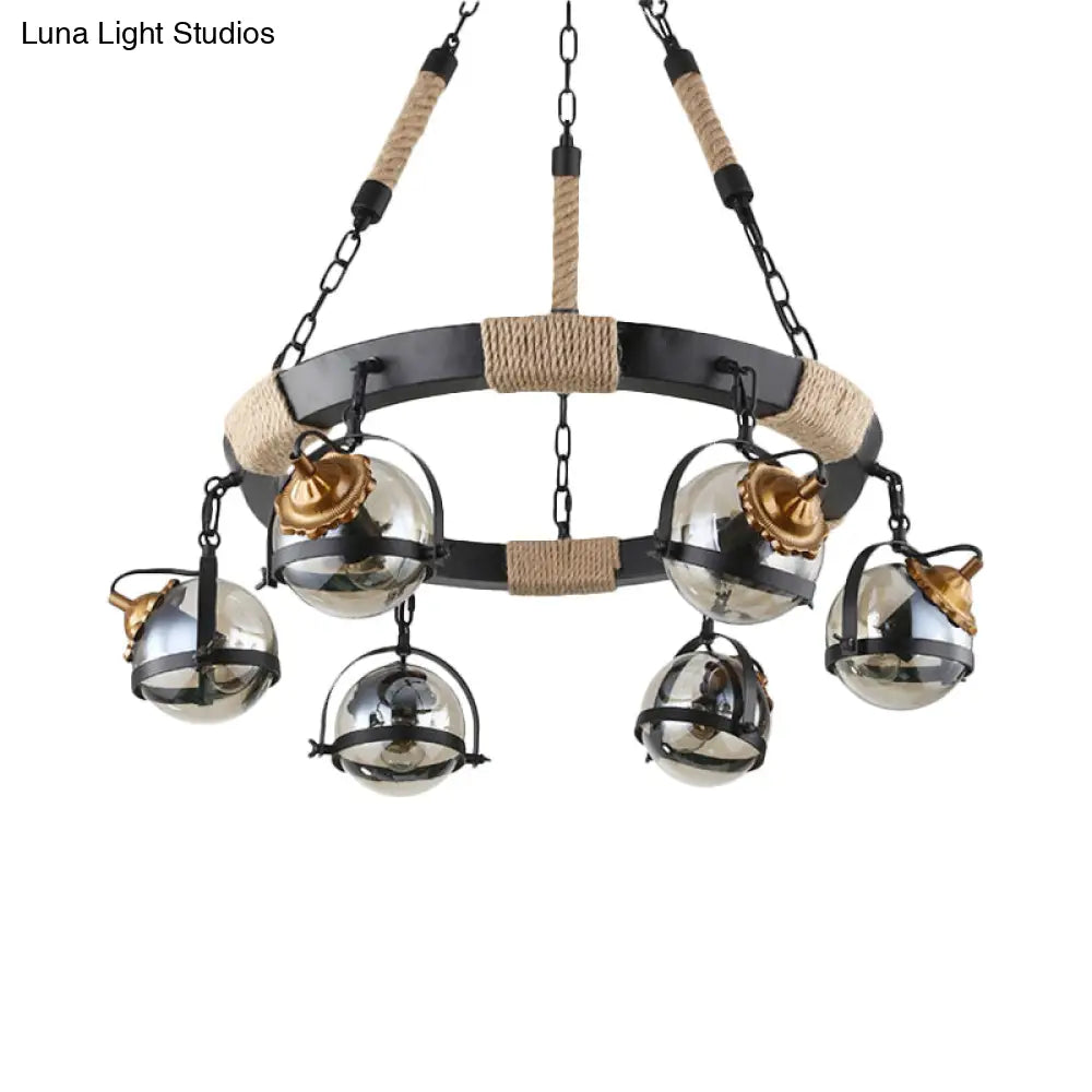 Globe Chandelier Lamp: Farmhouse Style 6/8-Light Rope Hanging Light With Amber Glass Shade - Ideal