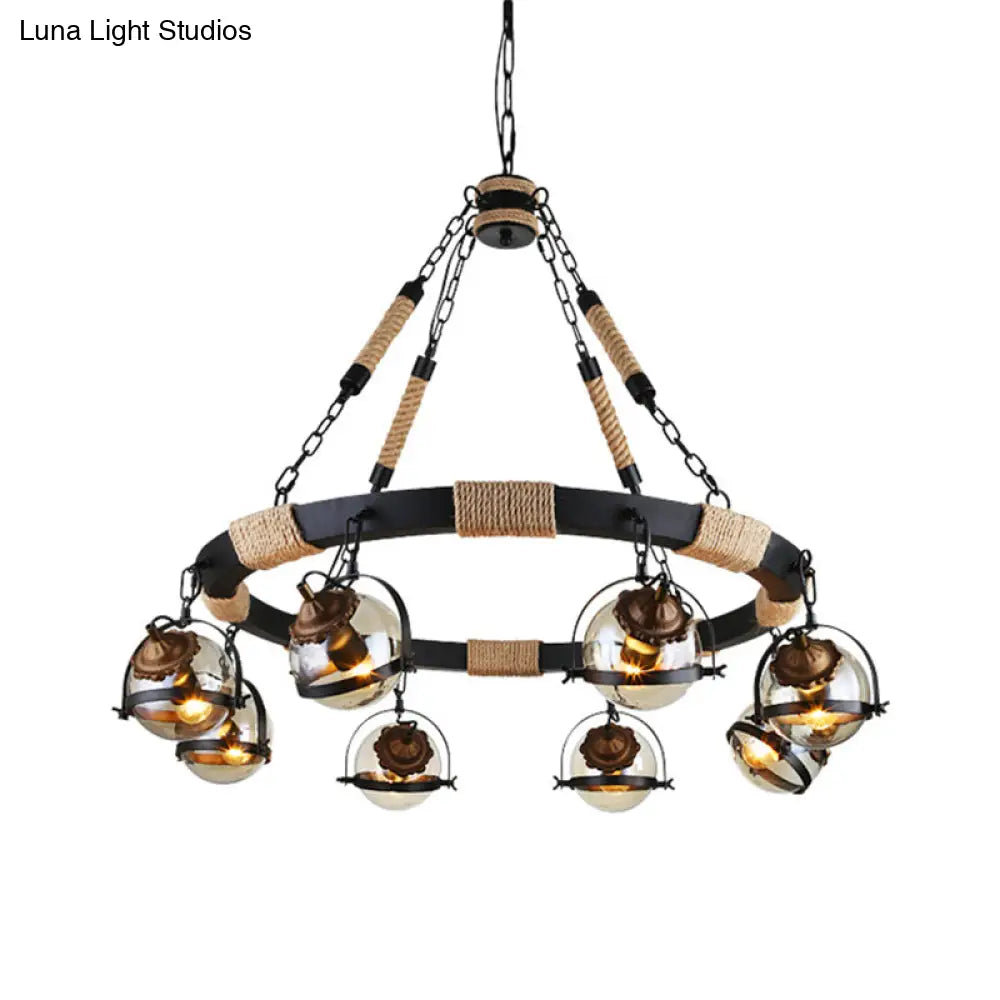 Globe Chandelier Lamp: Farmhouse Style 6/8-Light Rope Hanging Light With Amber Glass Shade - Ideal