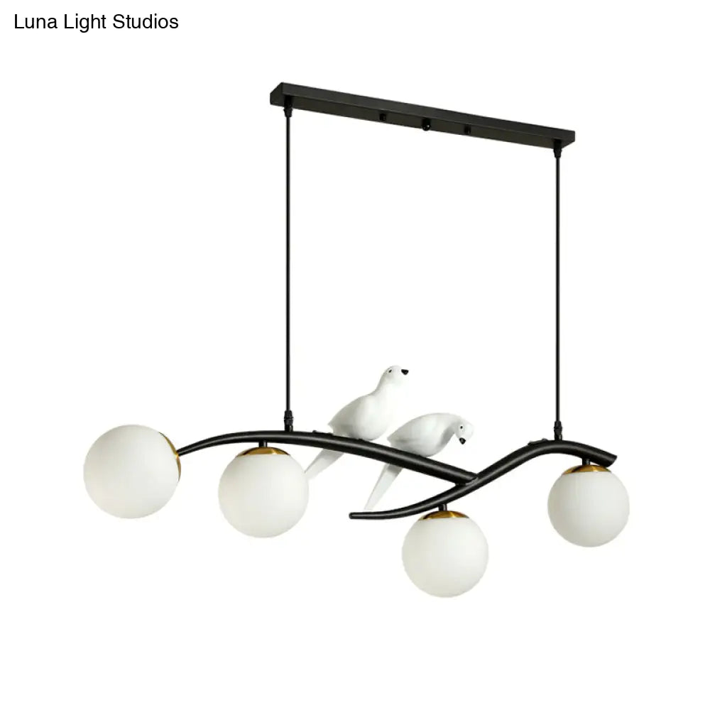 Globe Chandelier Light - Milk White/Smoke Grey Glass Minimal 4 Lights Black/Gold Finish Birds Deco