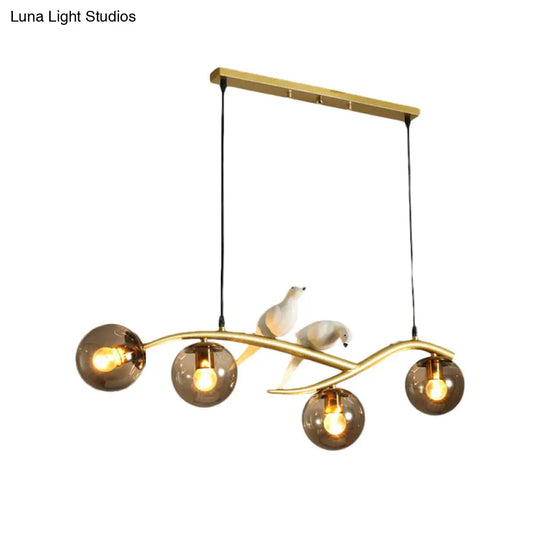 Globe Chandelier Light - Milk White/Smoke Grey Glass Minimal 4 Lights Black/Gold Finish Birds Deco