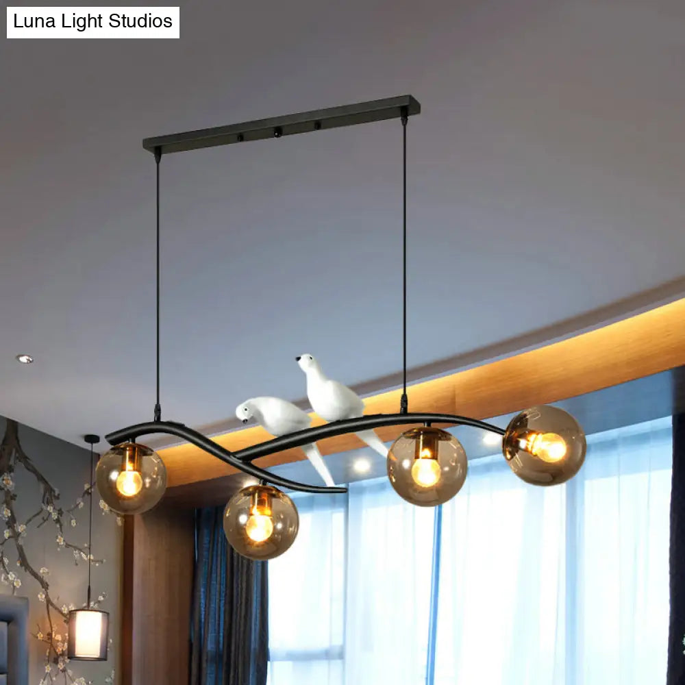 Minimalist Glass Globe Chandelier Light With Birds Deco - 4 Suspension Pendant In Milk White/Smoke