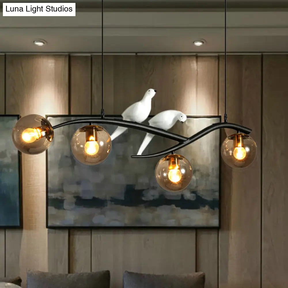 Minimalist Glass Globe Chandelier Light With Birds Deco - 4 Suspension Pendant In Milk White/Smoke