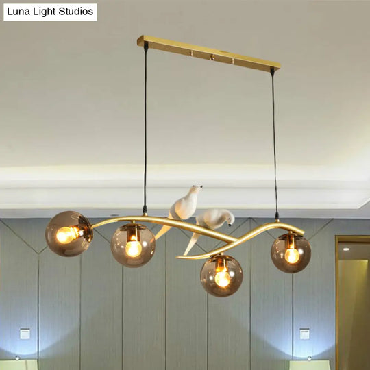 Globe Chandelier Light - Milk White/Smoke Grey Glass Minimal 4 Lights Black/Gold Finish Birds Deco