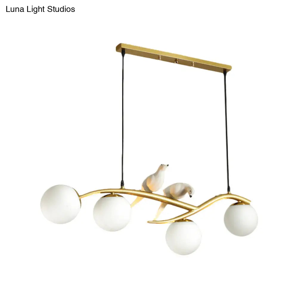 Minimalist Glass Globe Chandelier Light With Birds Deco - 4 Suspension Pendant In Milk White/Smoke