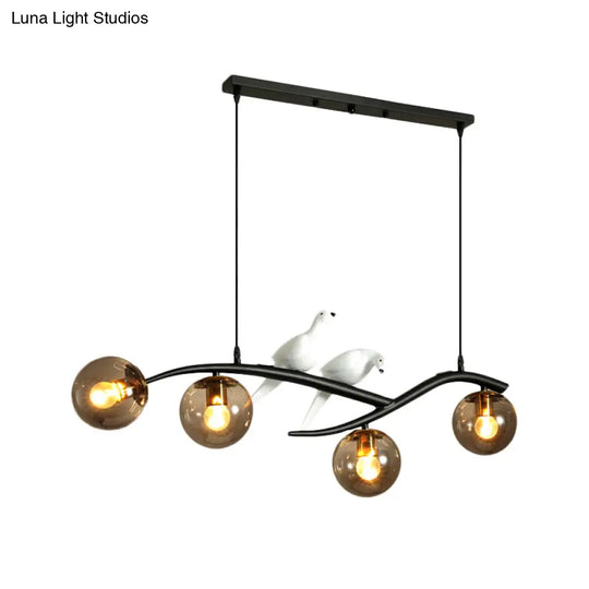 Globe Chandelier Light - Milk White/Smoke Grey Glass Minimal 4 Lights Black/Gold Finish Birds Deco