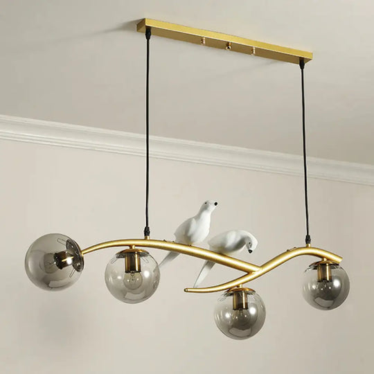 Globe Chandelier Light - Milk White/Smoke Grey Glass Minimal 4 Lights Black/Gold Finish Birds Deco