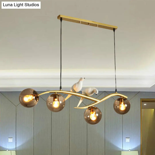 Minimalist Glass Globe Chandelier Light With Birds Deco - 4 Suspension Pendant In Milk White/Smoke