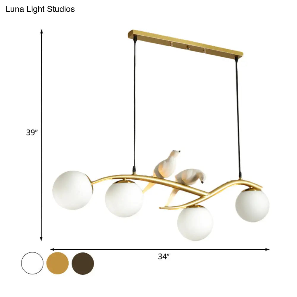 Globe Chandelier Light - Milk White/Smoke Grey Glass Minimal 4 Lights Black/Gold Finish Birds Deco