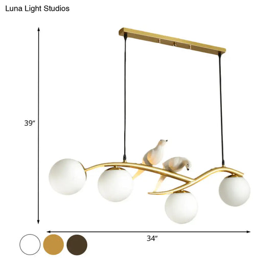 Globe Chandelier Light - Milk White/Smoke Grey Glass Minimal 4 Lights Black/Gold Finish Birds Deco