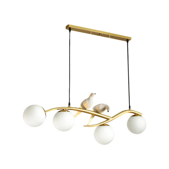 Globe Chandelier Light - Milk White/Smoke Grey Glass Minimal 4 Lights Black/Gold Finish Birds Deco