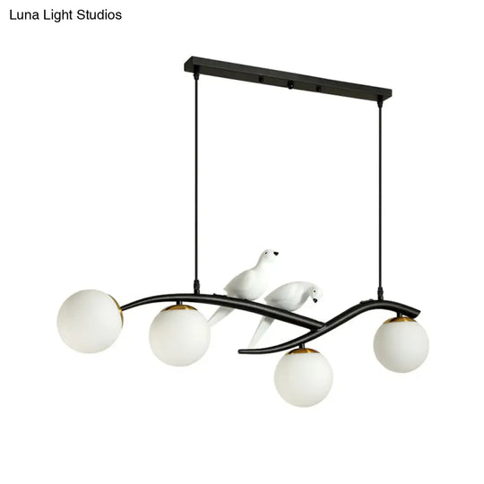 Minimalist Glass Globe Chandelier Light With Birds Deco - 4 Suspension Pendant In Milk White/Smoke