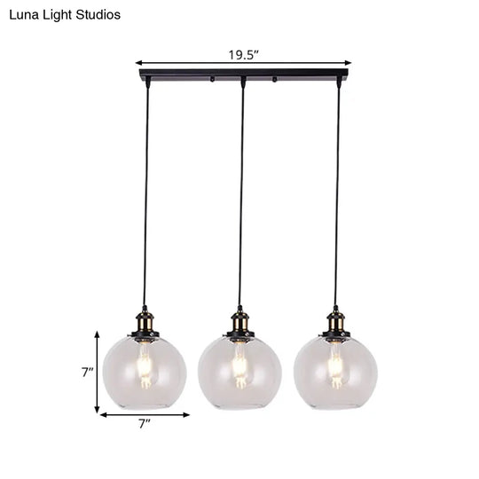 Globe Clear Glass Pendant Industrial Lighting - 3-Light Linear Canopy For Living Room