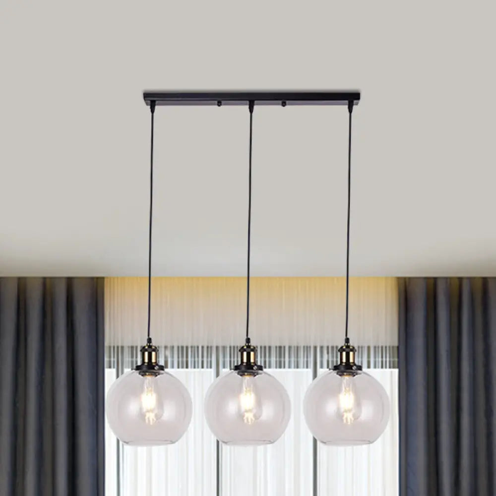 Globe Clear Glass Pendant Industrial Lighting - 3-Light Linear Canopy For Living Room
