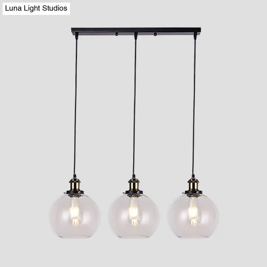 Globe Clear Glass Pendant Industrial Lighting - 3-Light Linear Canopy For Living Room