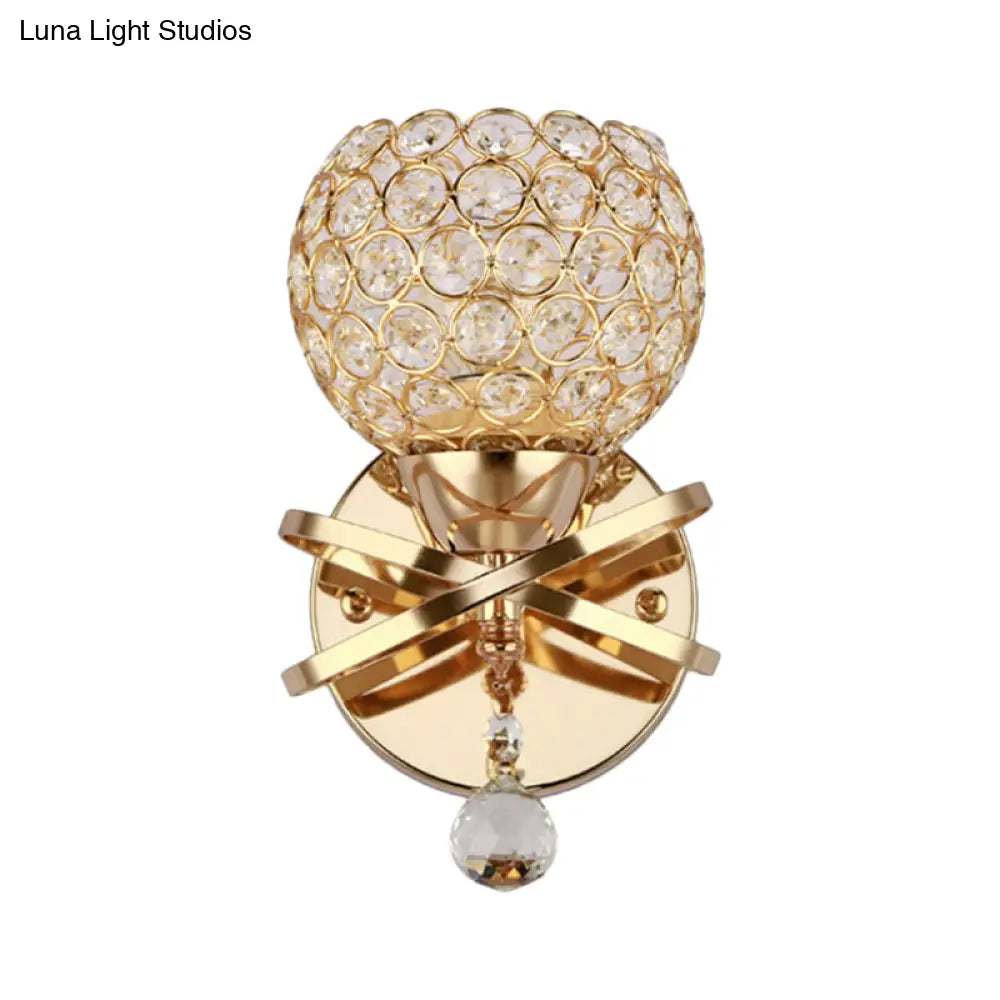 Globe Cutout Metal Shade Crystal Wall Sconce In Gold With Dropped Ball Accent