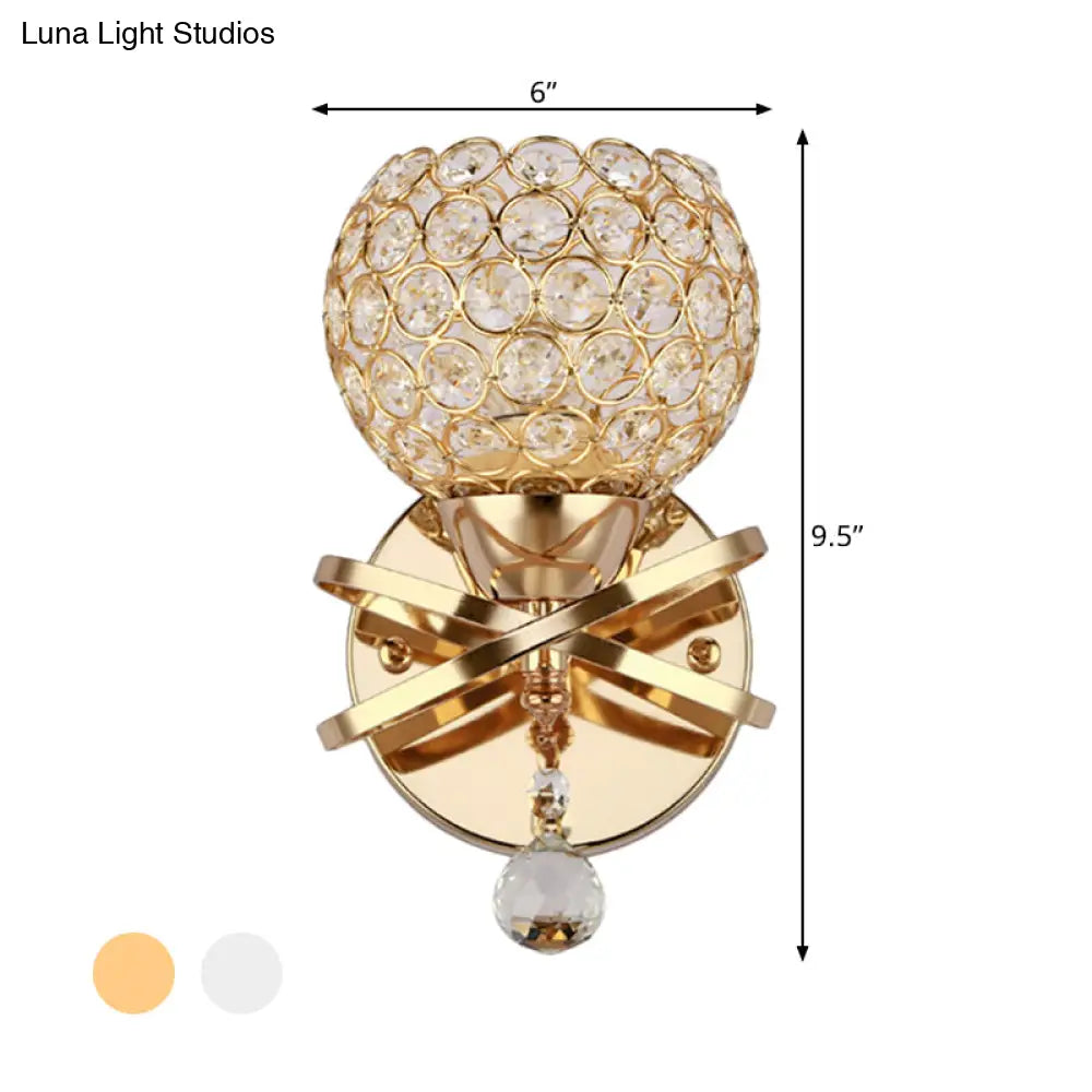 Globe Cutout Metal Shade Crystal Wall Sconce In Gold With Dropped Ball Accent