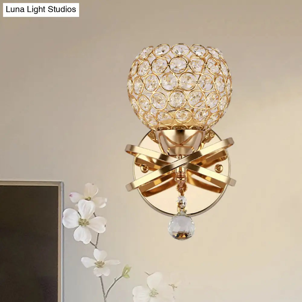 Globe Cutout Metal Shade Crystal Wall Sconce In Gold With Dropped Ball Accent