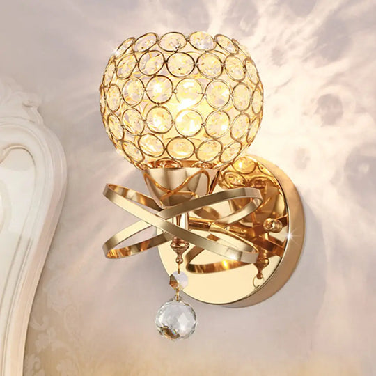 Globe Cutout Metal Shade Crystal Wall Sconce In Gold With Dropped Ball Accent